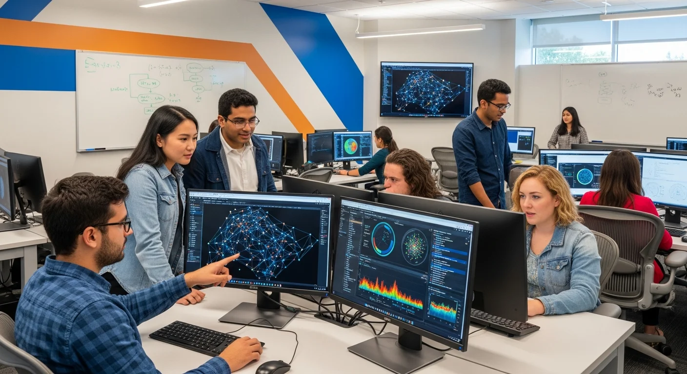 Data science students analyzing data visualizations in modern university lab