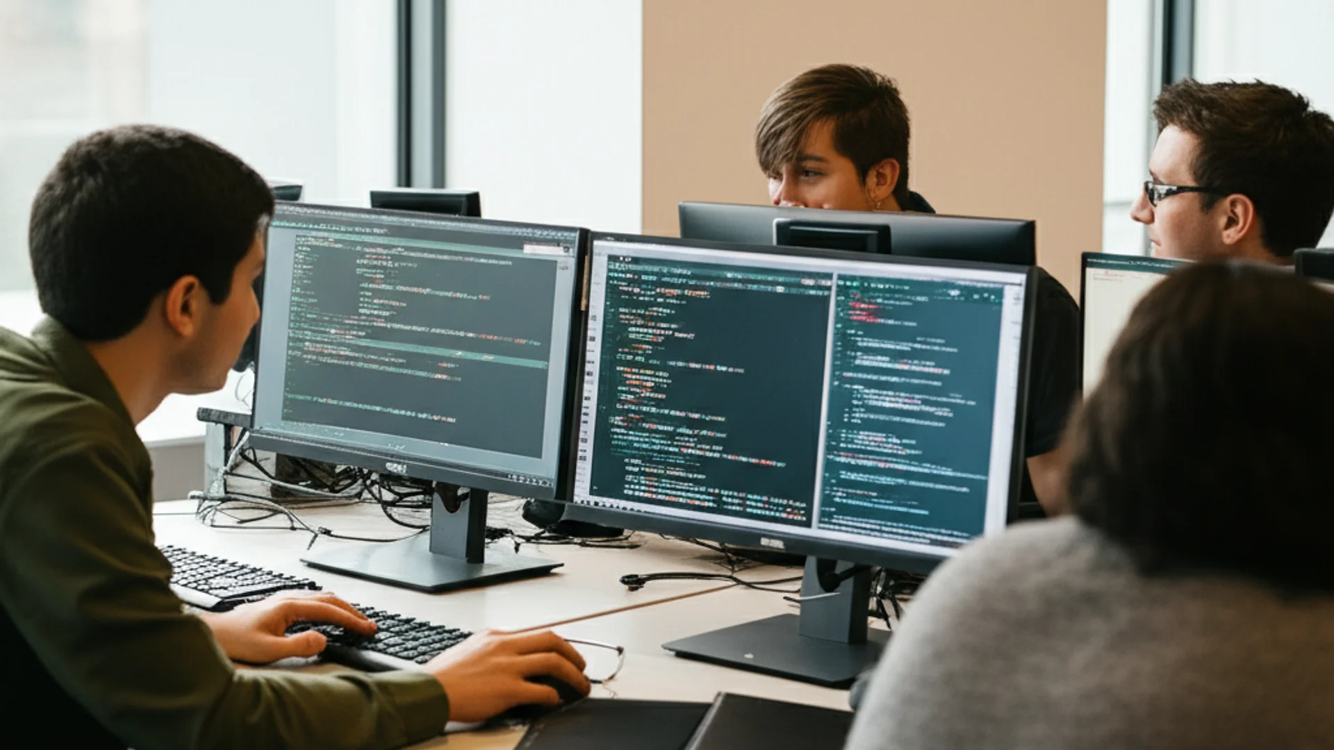 Software engineering students collaborating on code development in modern university computer lab