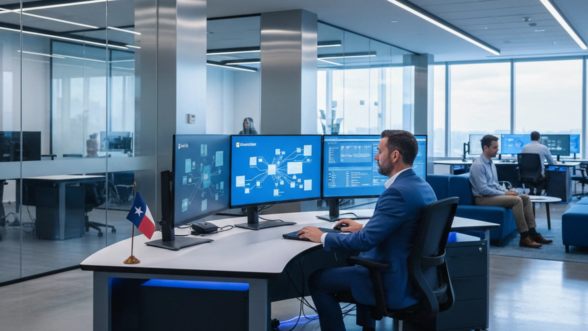 Professional studying for Azure certification with laptop, Azure documentation, and certification materials