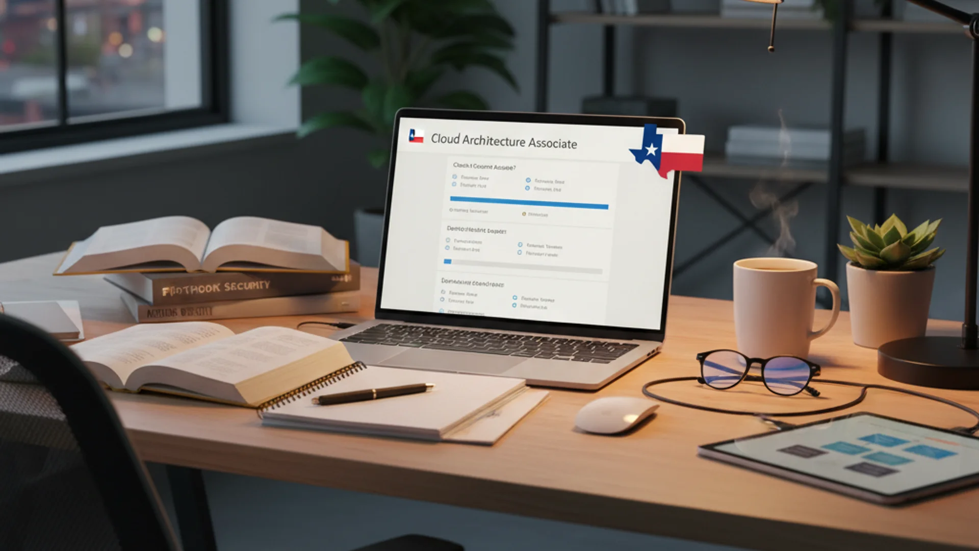 Cybersecurity professional analyzing threat data on multiple monitors with CompTIA CySA+ certification materials