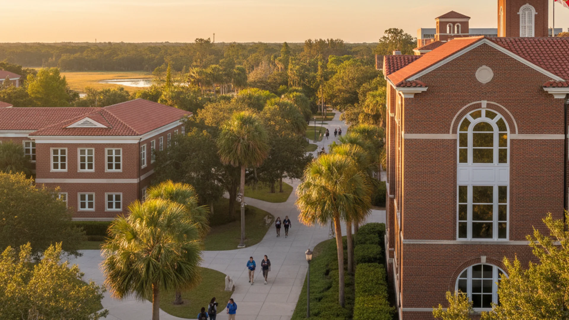 Florida university campus with tropical landscaping and modern AI research facilities