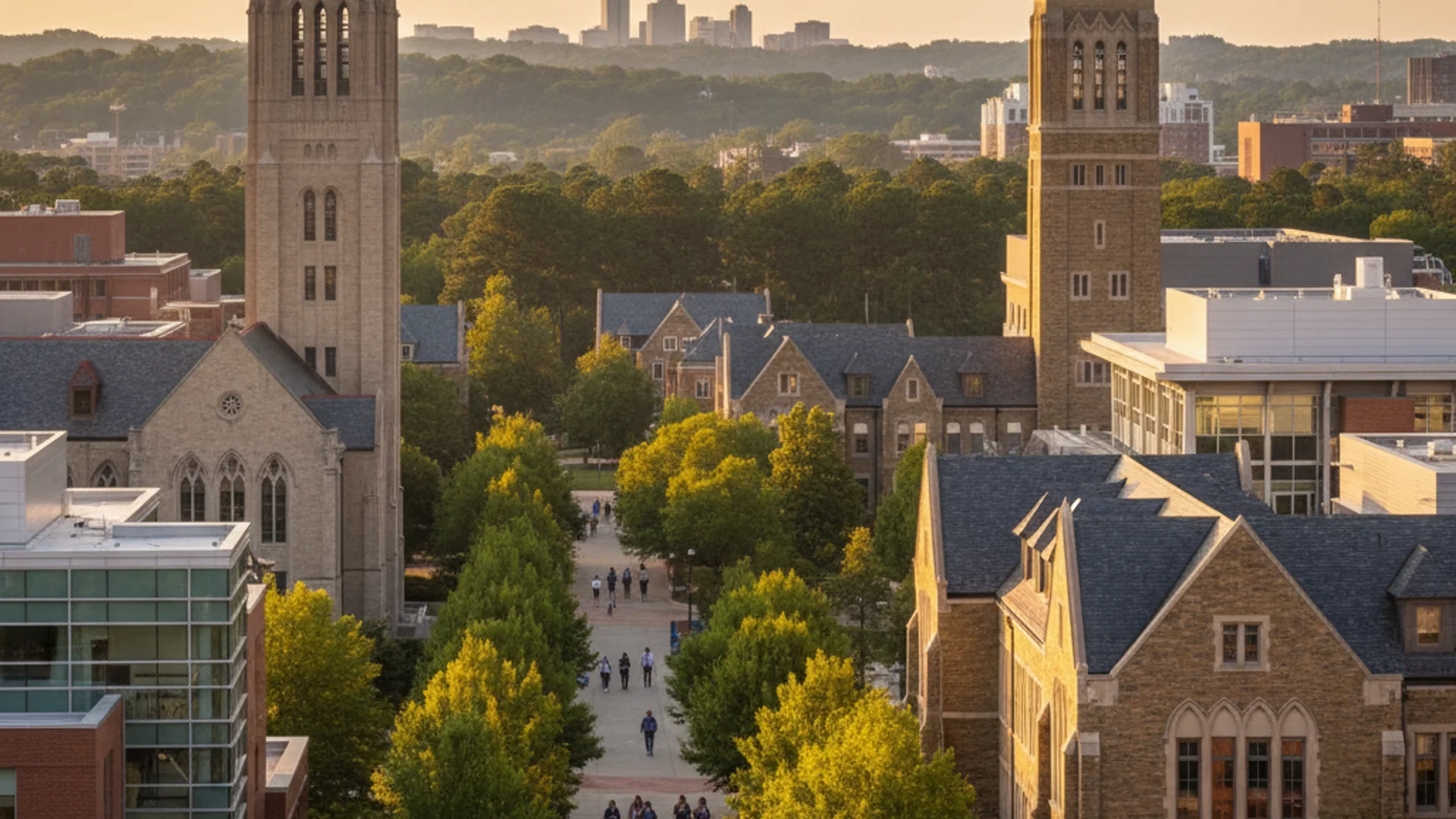 Georgia Tech campus with modern AI research buildings and Atlanta skyline