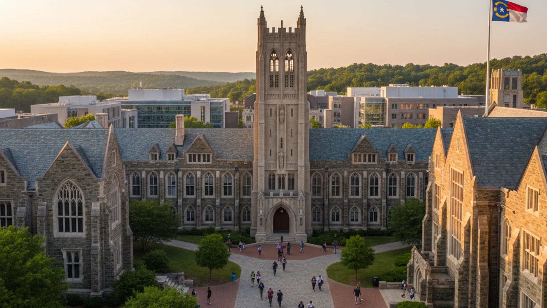 North Carolina university campus with Research Triangle technology buildings and autumn trees