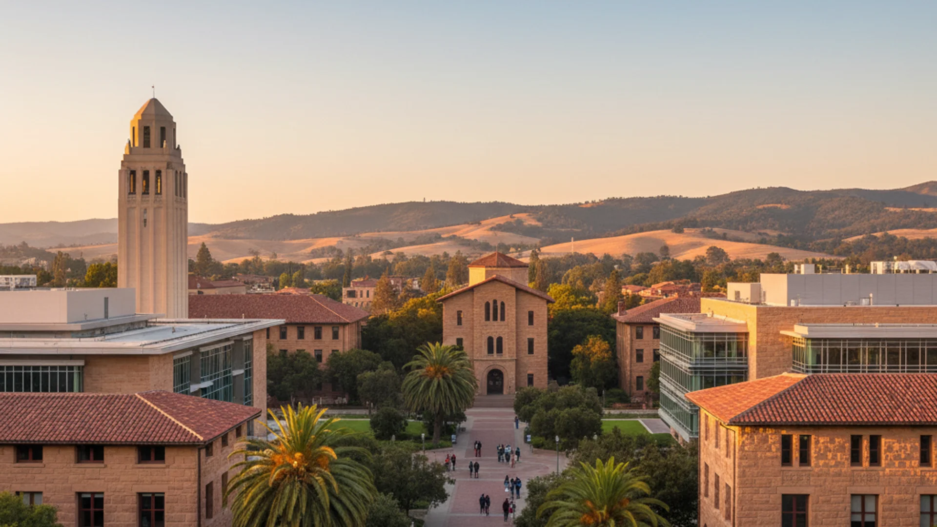 California university campus with modern tech buildings and cloud technology visualization
