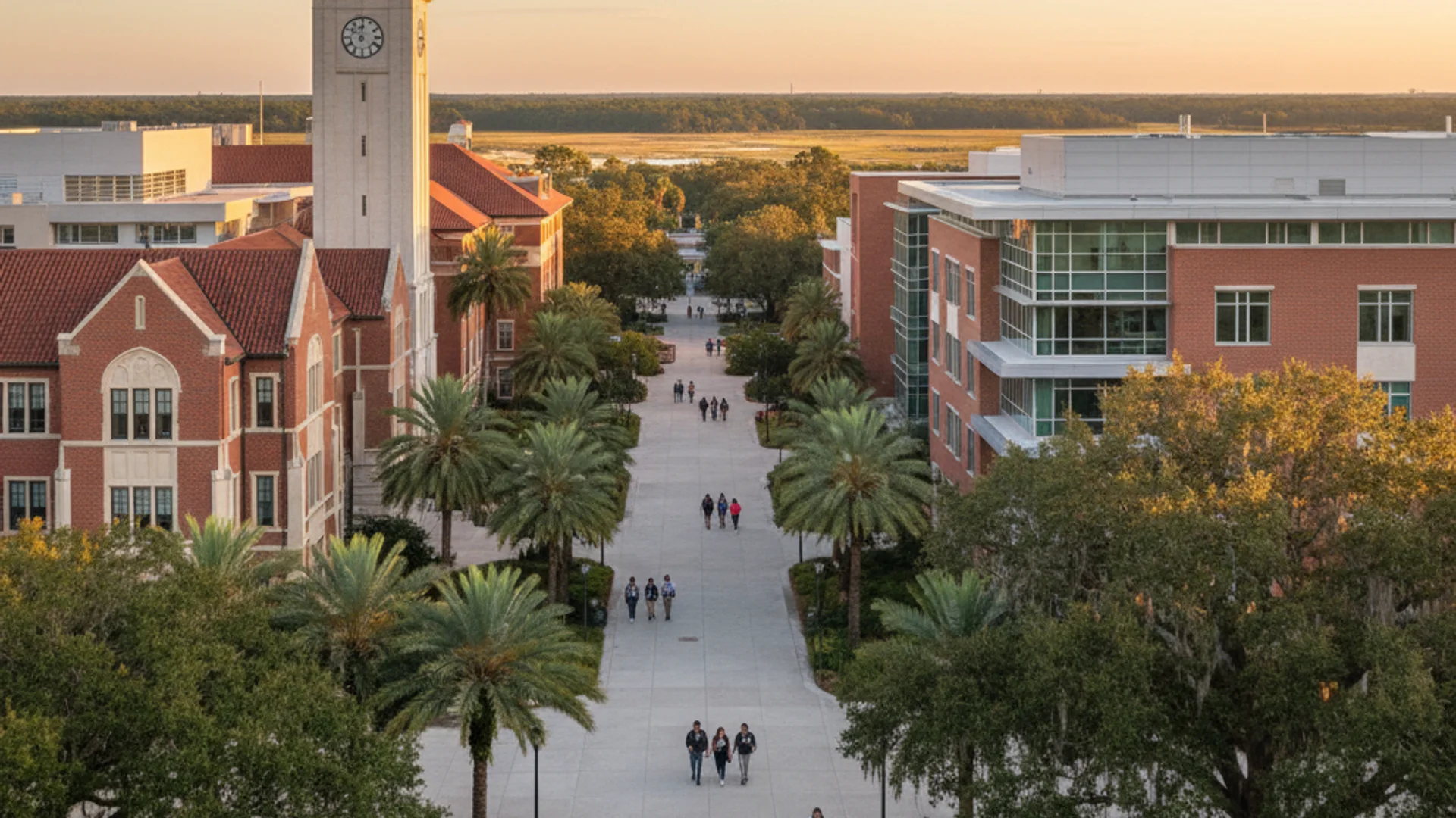 Florida university campus with tropical landscaping and modern engineering buildings