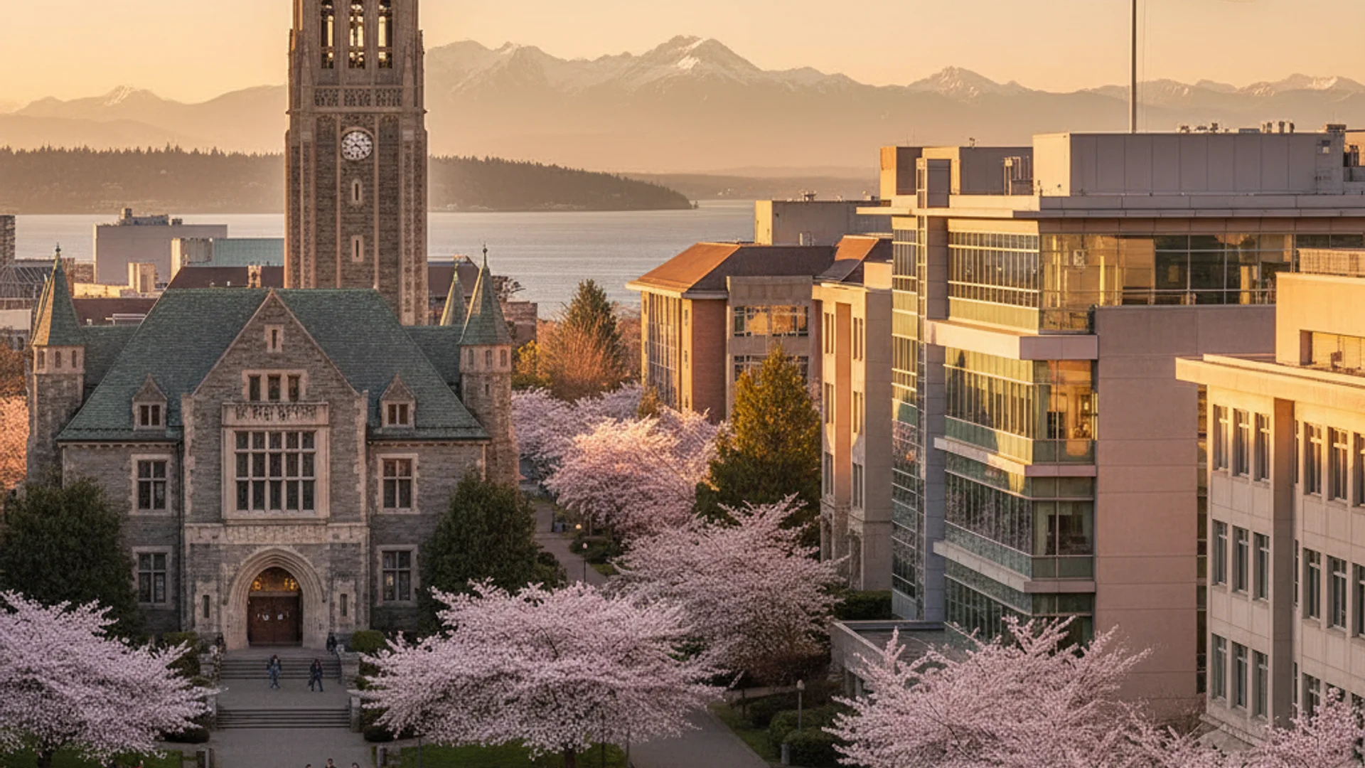 Washington university campus with Mount Rainier backdrop and modern engineering buildings