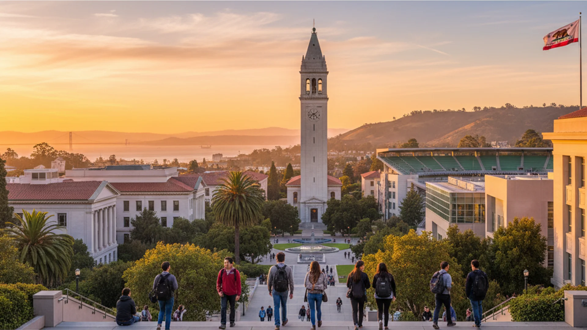 California university campus with modern tech buildings and palm trees