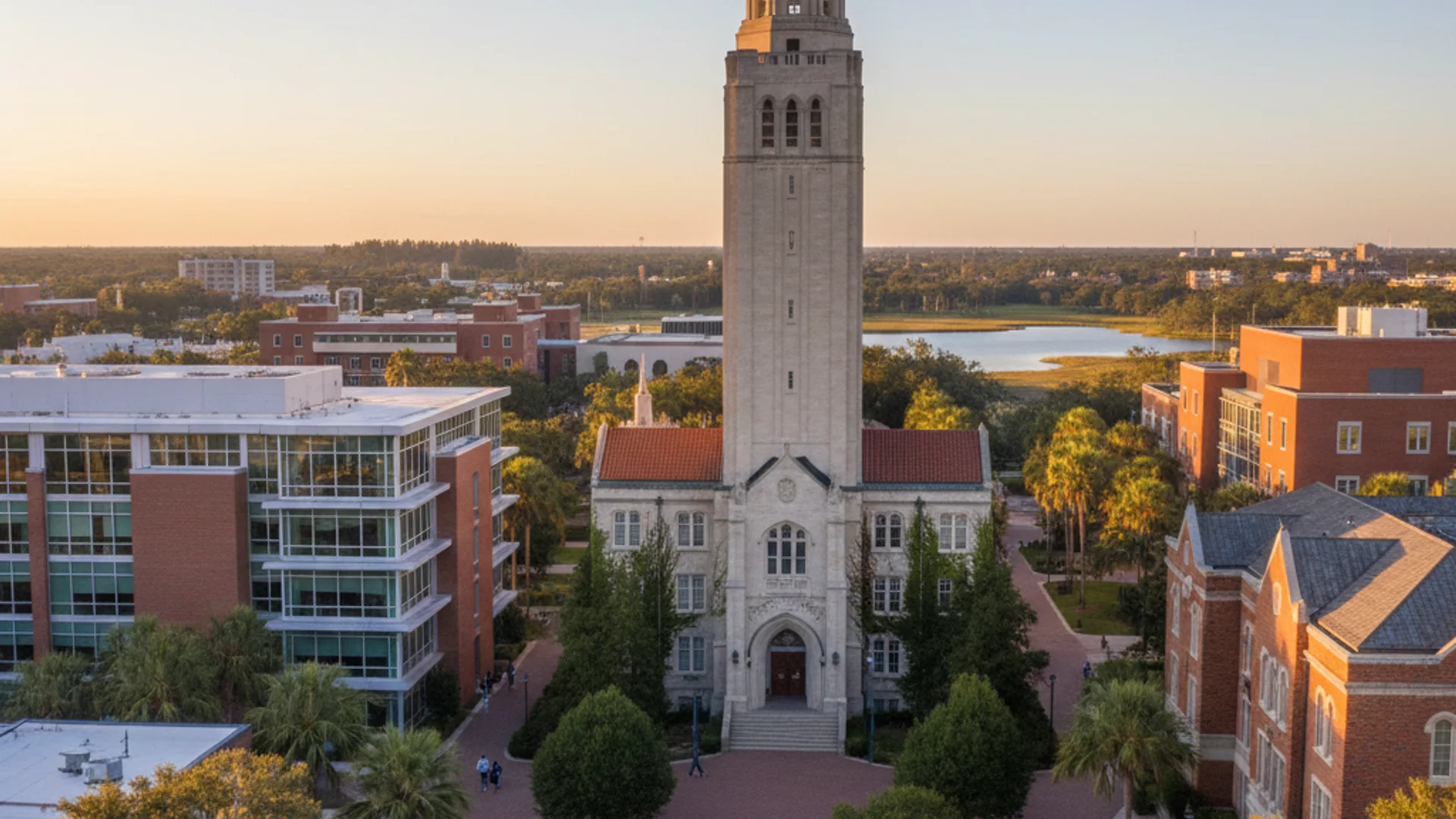 Florida university campus with palm trees and modern computer science building