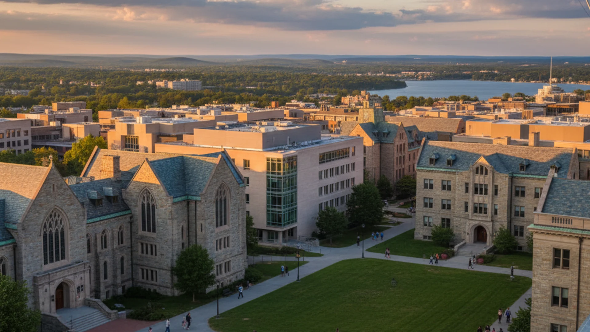 New York university campus with modern architecture and city skyline background