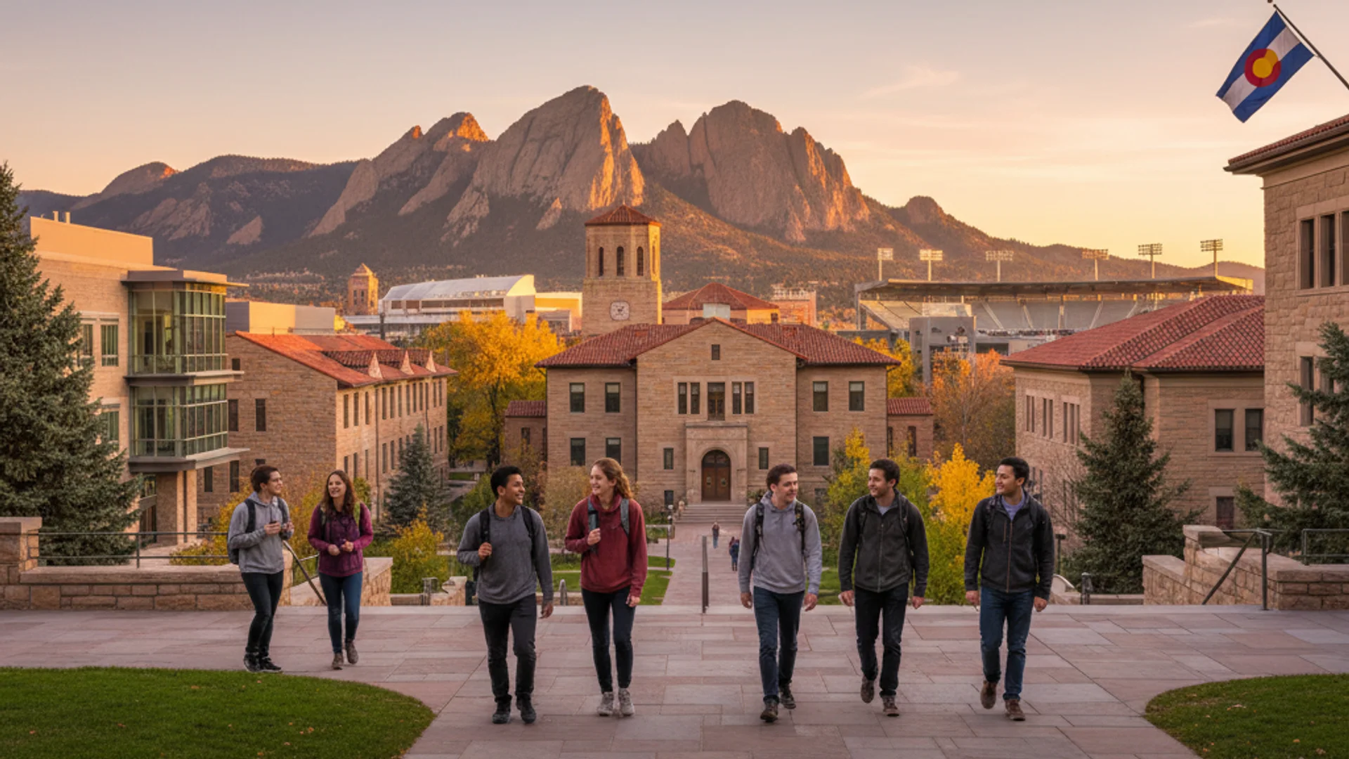 Colorado university campus with Rocky Mountains in background and modern STEM buildings