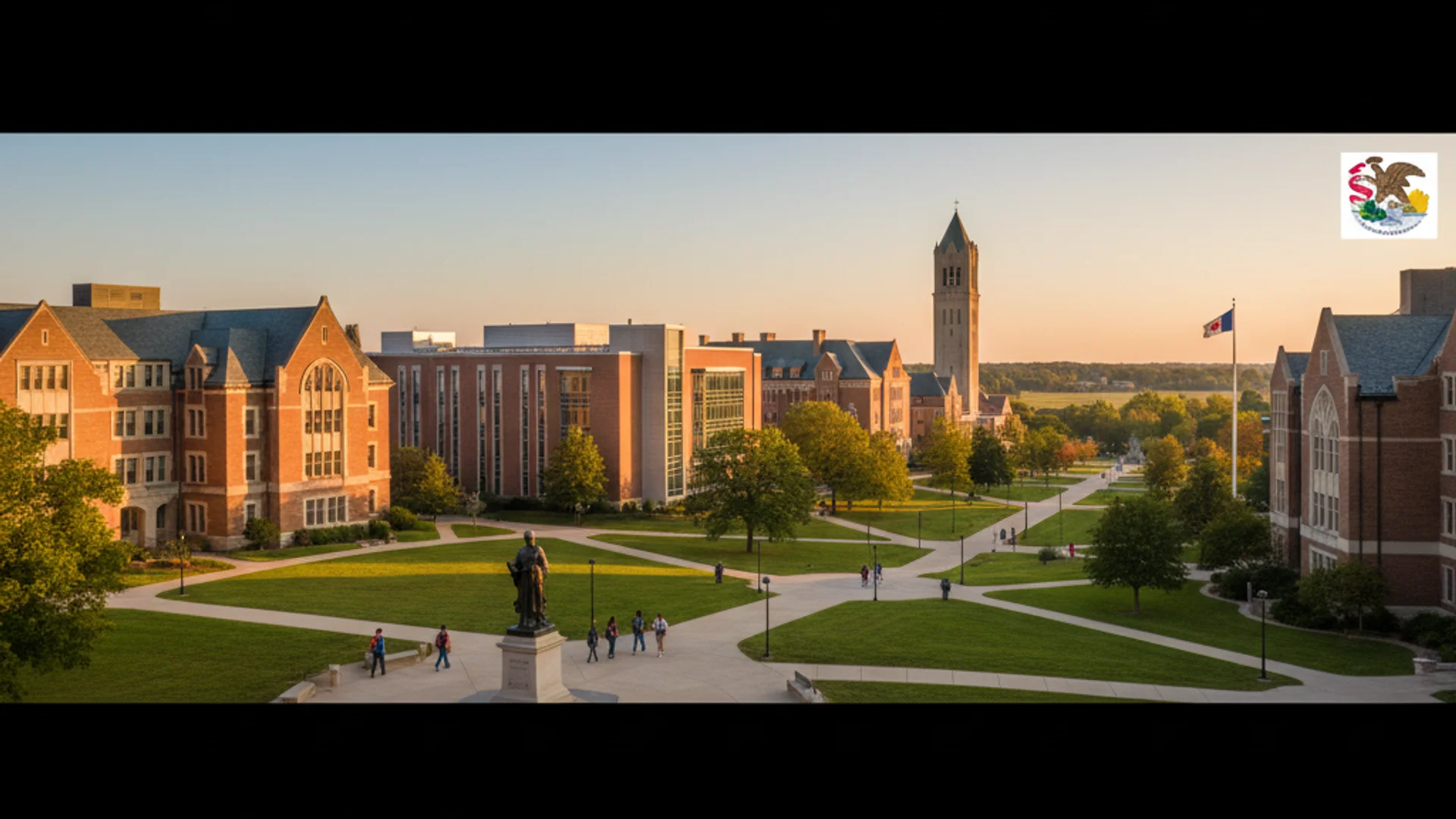 Illinois university campus with Chicago skyline in background and modern tech buildings