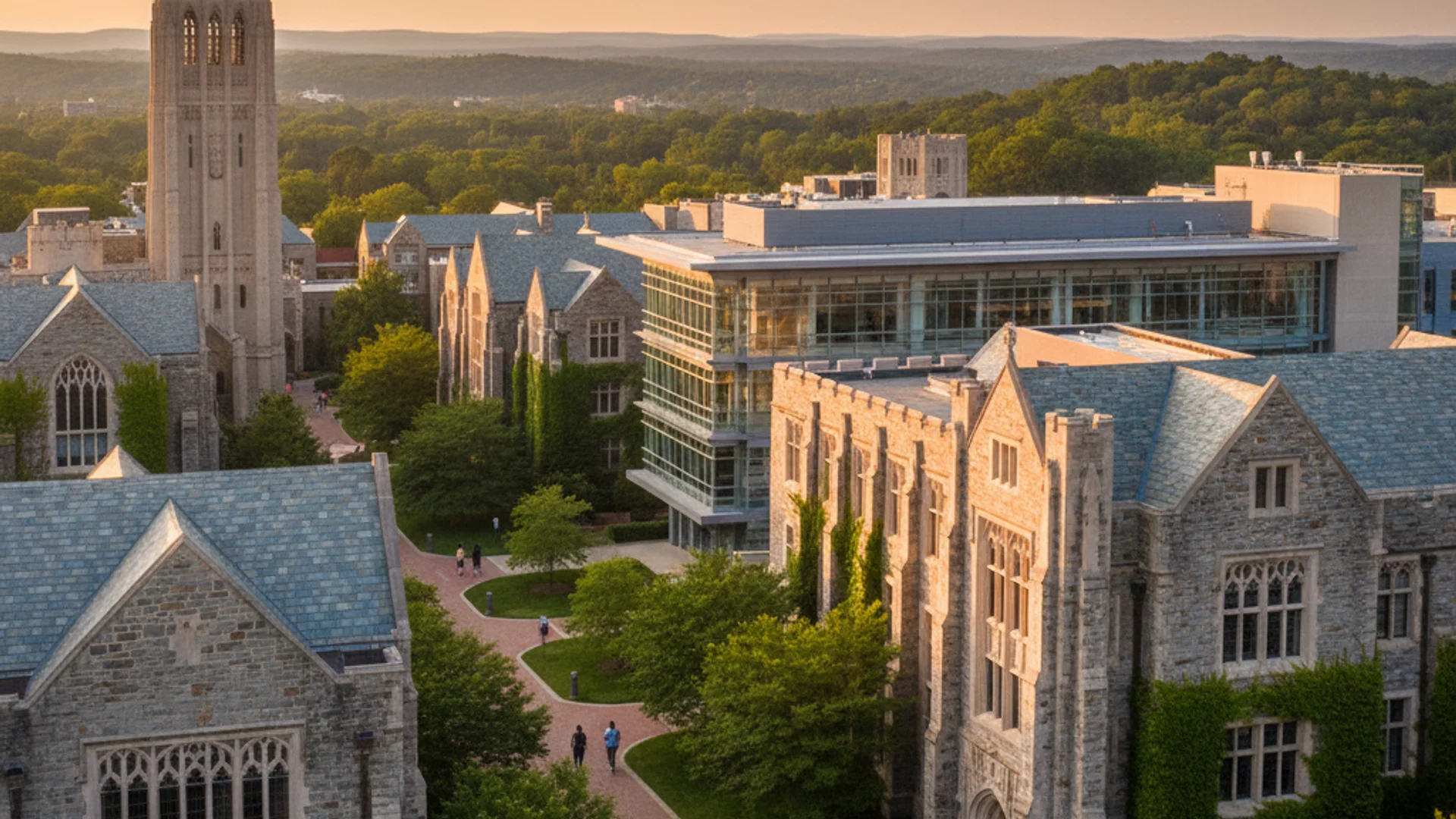 North Carolina university campus with pine trees and modern technology buildings in Research Triangle area