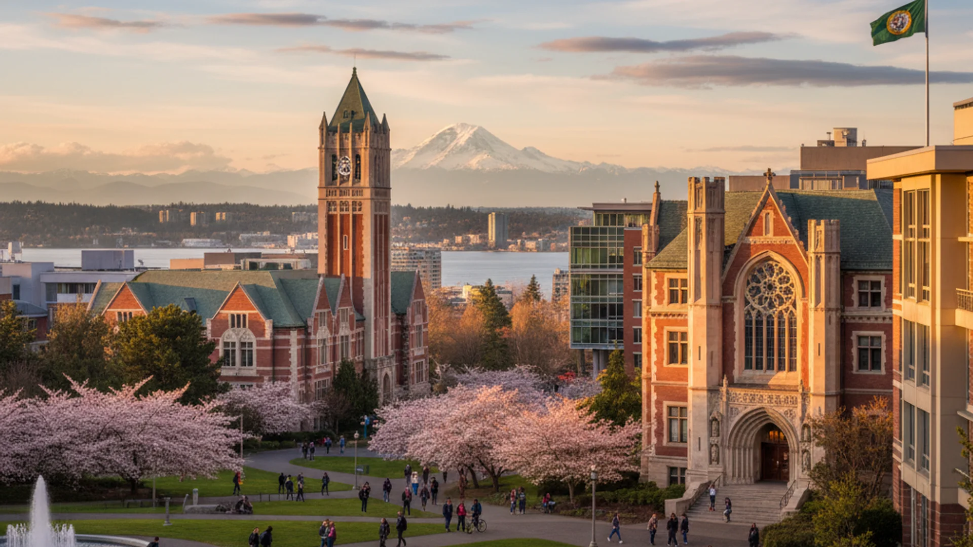 University of Washington campus with Mount Rainier and Seattle skyline in background
