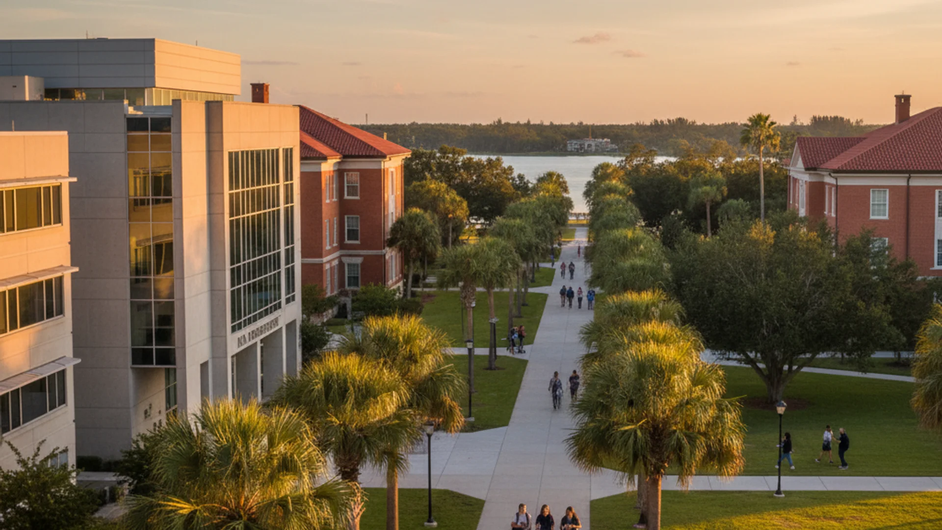 Florida university campus with tropical landscaping and modern cybersecurity lab