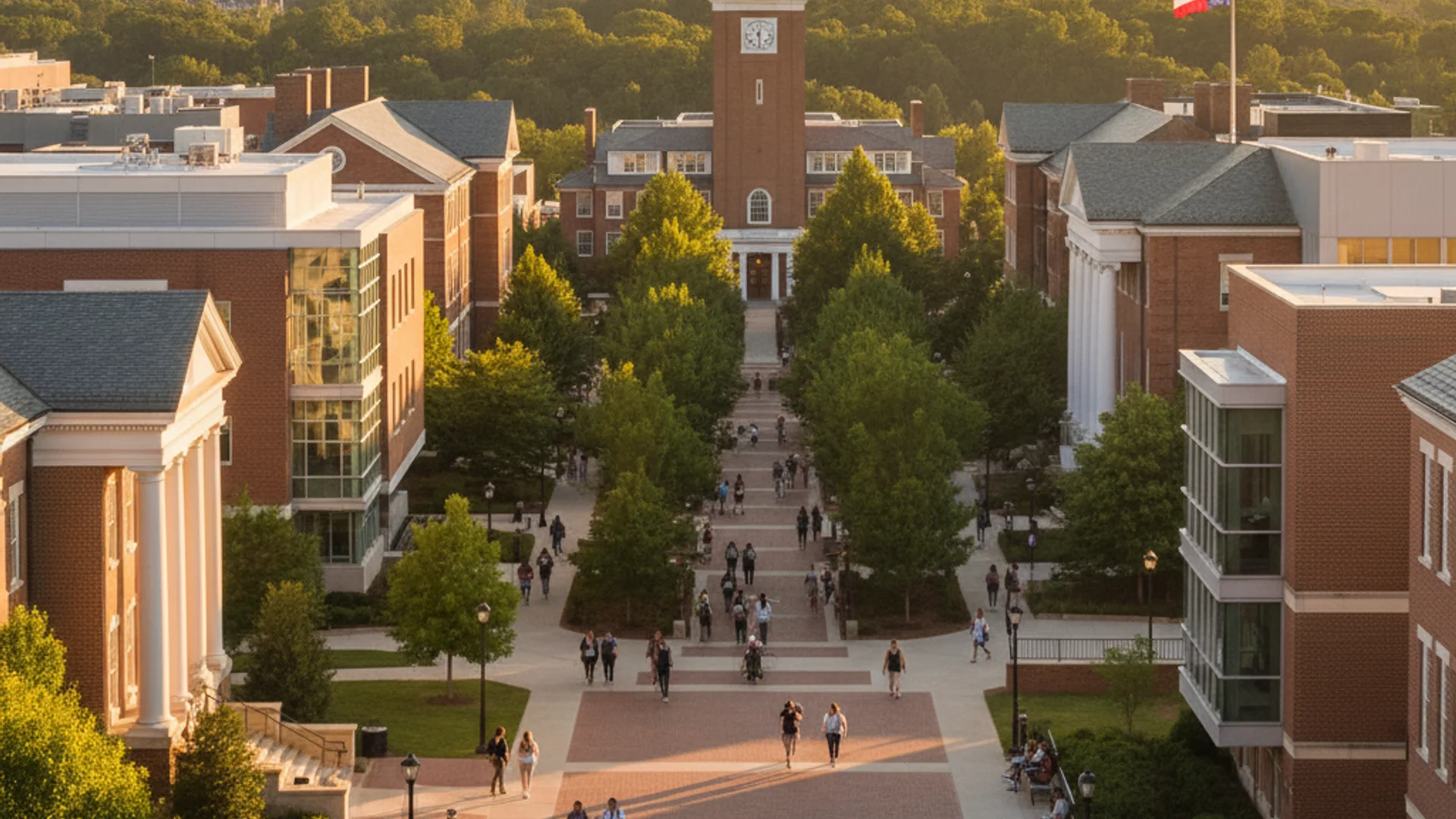 Georgia university campus with Southern architecture and data visualization graphics