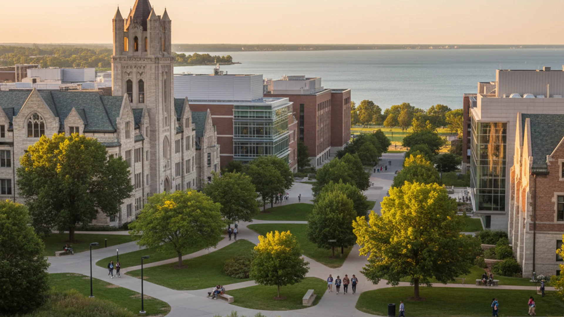 University of Illinois campus with Chicago skyline in background, data analytics theme