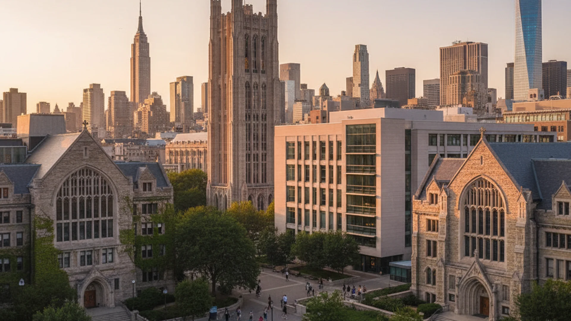 New York university campus with city skyline and modern data visualization elements