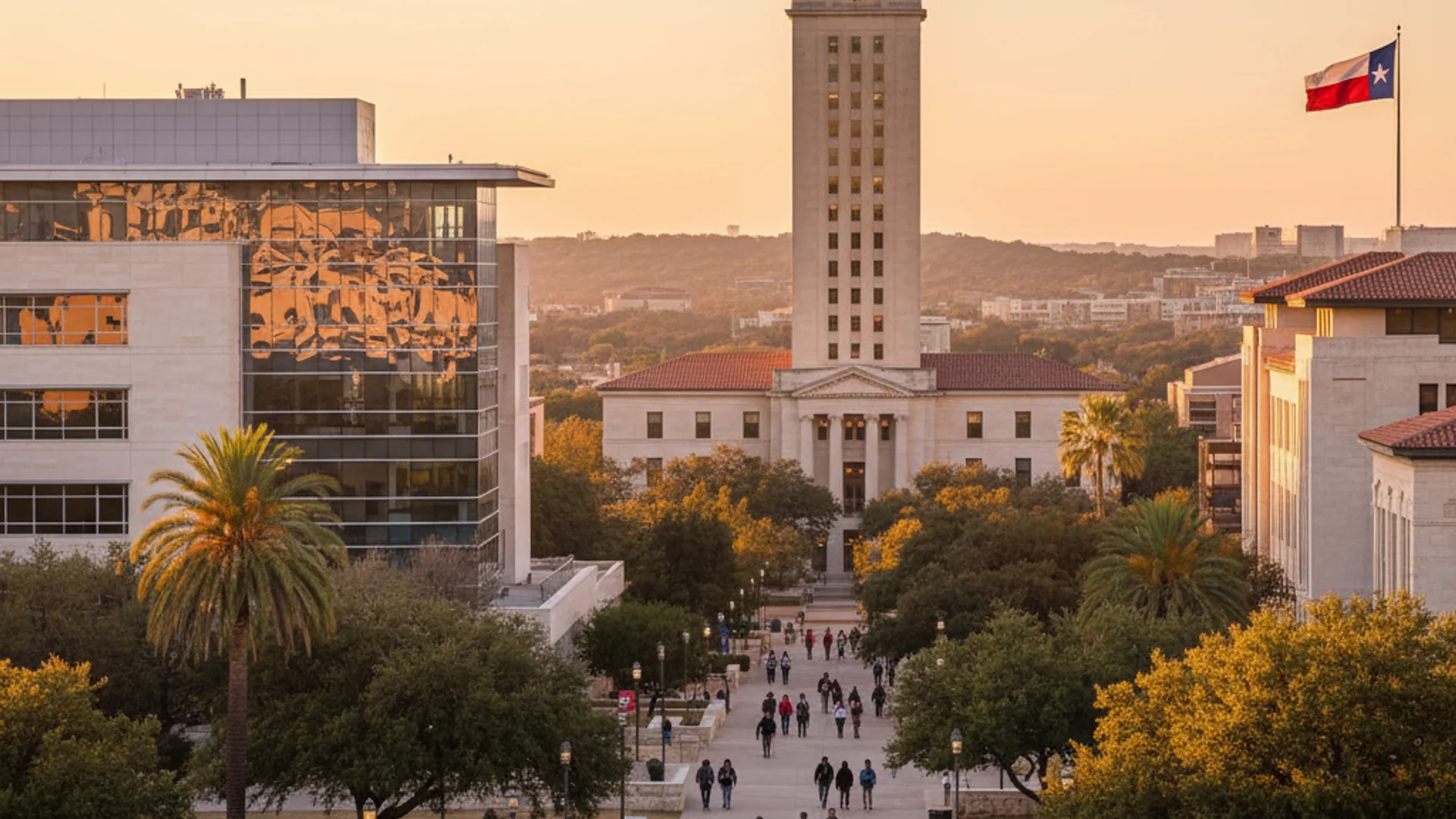 Texas university campus with modern architecture and data visualization elements