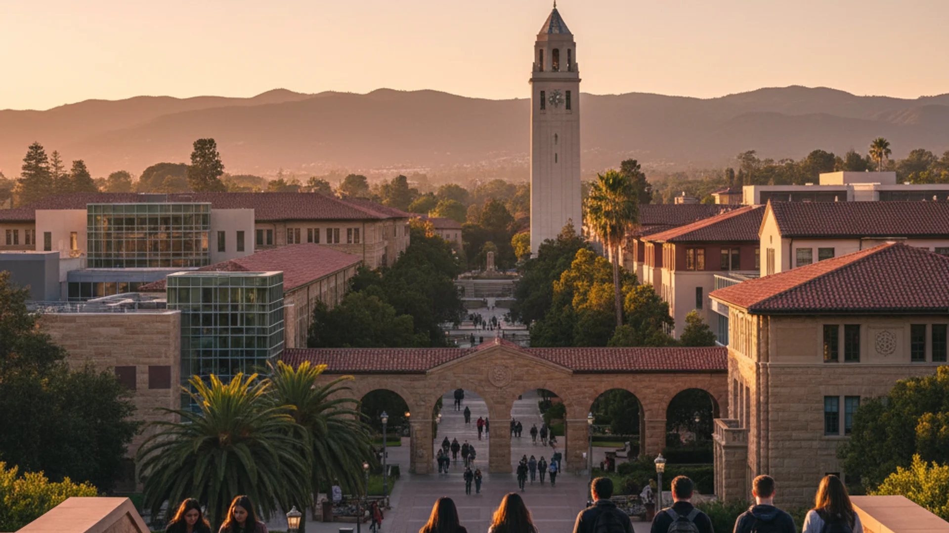 California university campus with modern tech buildings and palm trees