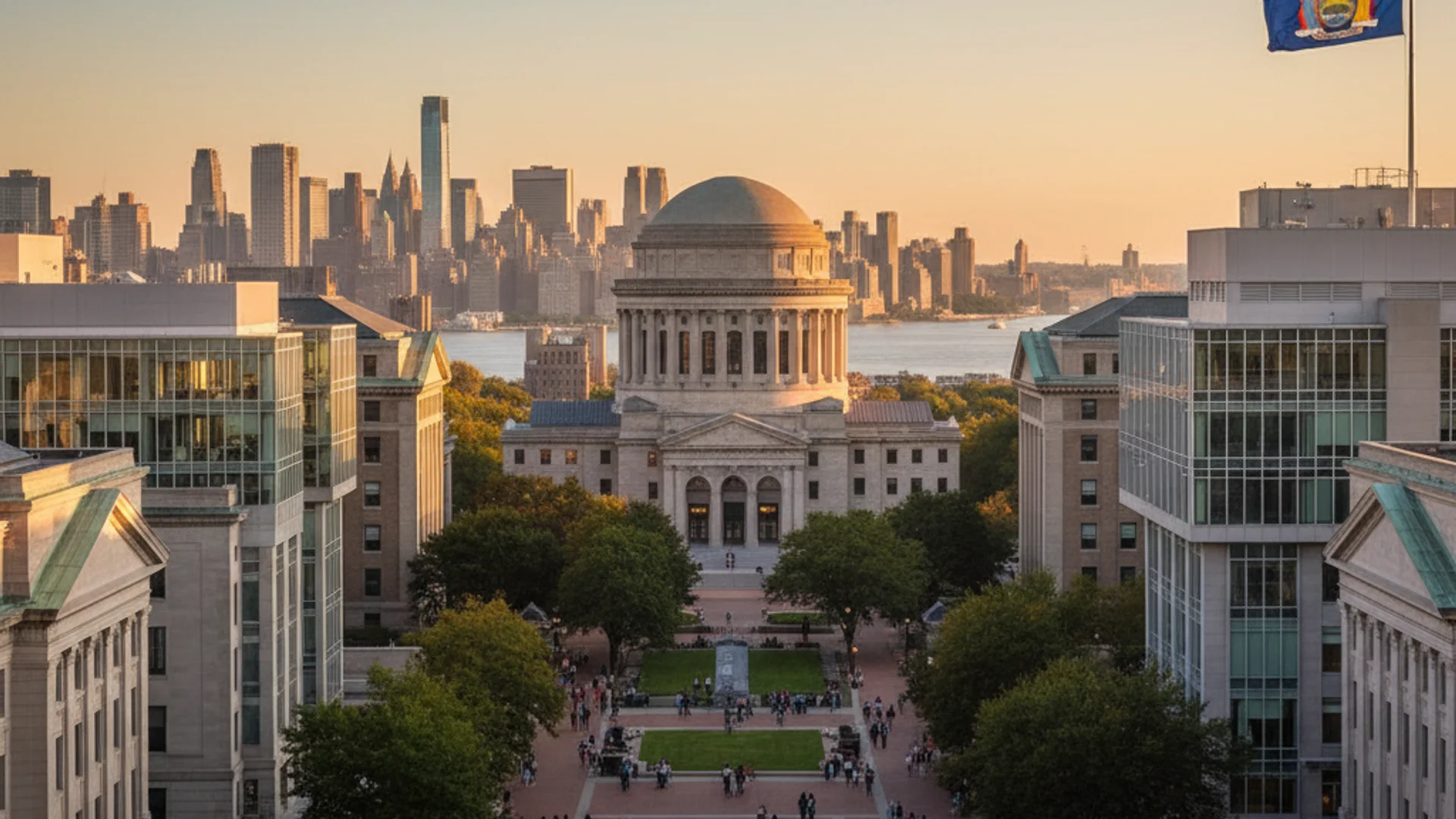 New York City skyline with modern university campus and technology elements