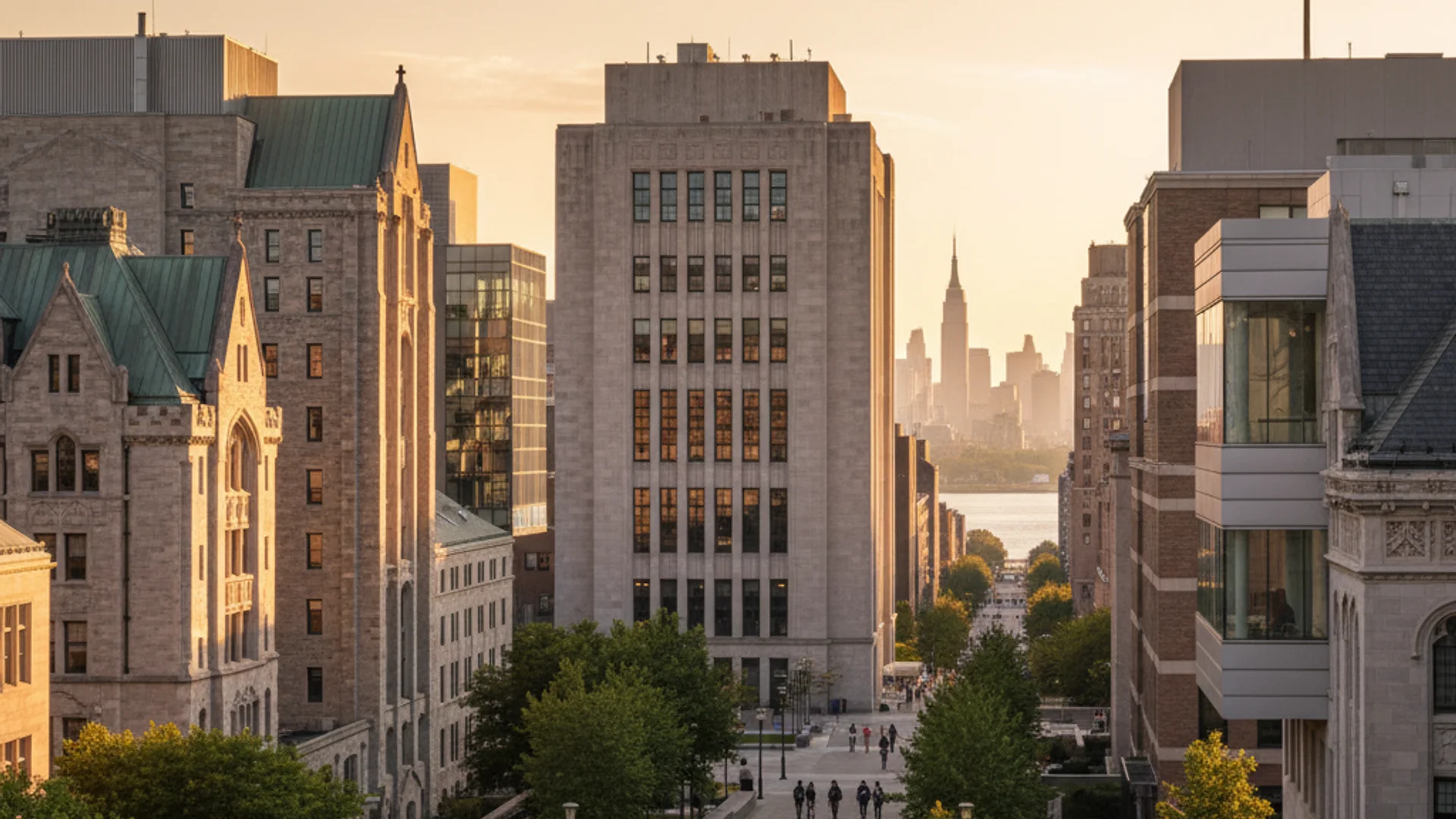 New York City skyline with modern university buildings and gaming technology elements