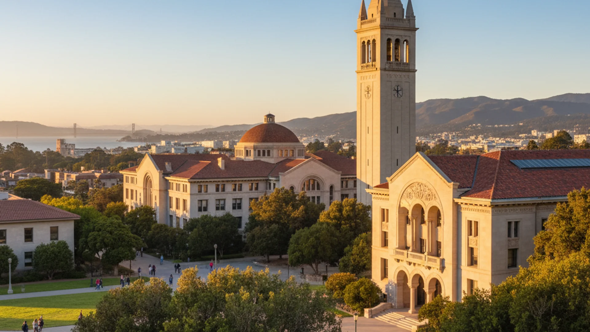 California university campus with tech students working on laptops, palm trees and modern glass buildings in background