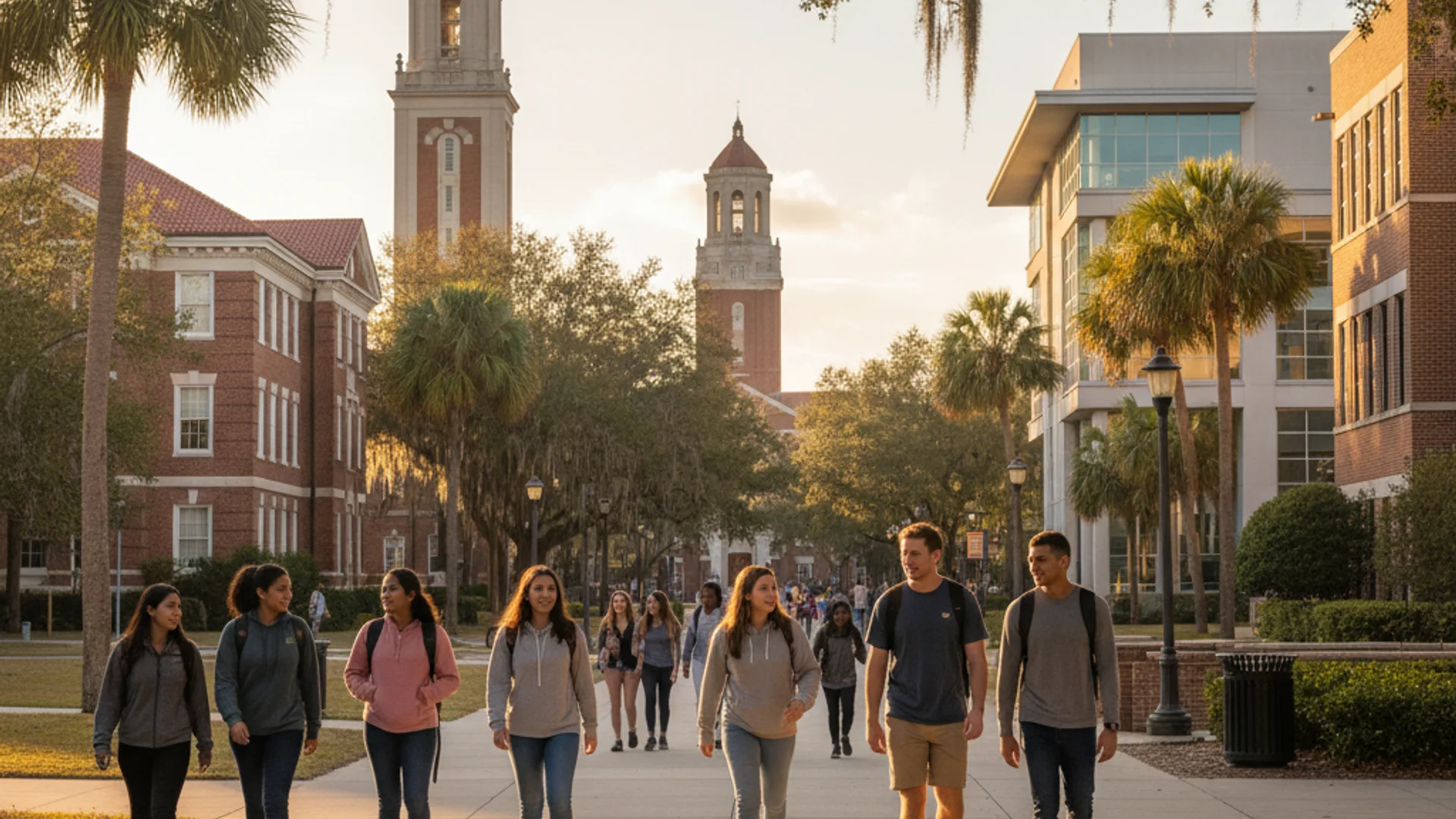 Florida university campus with tropical landscaping and modern business buildings