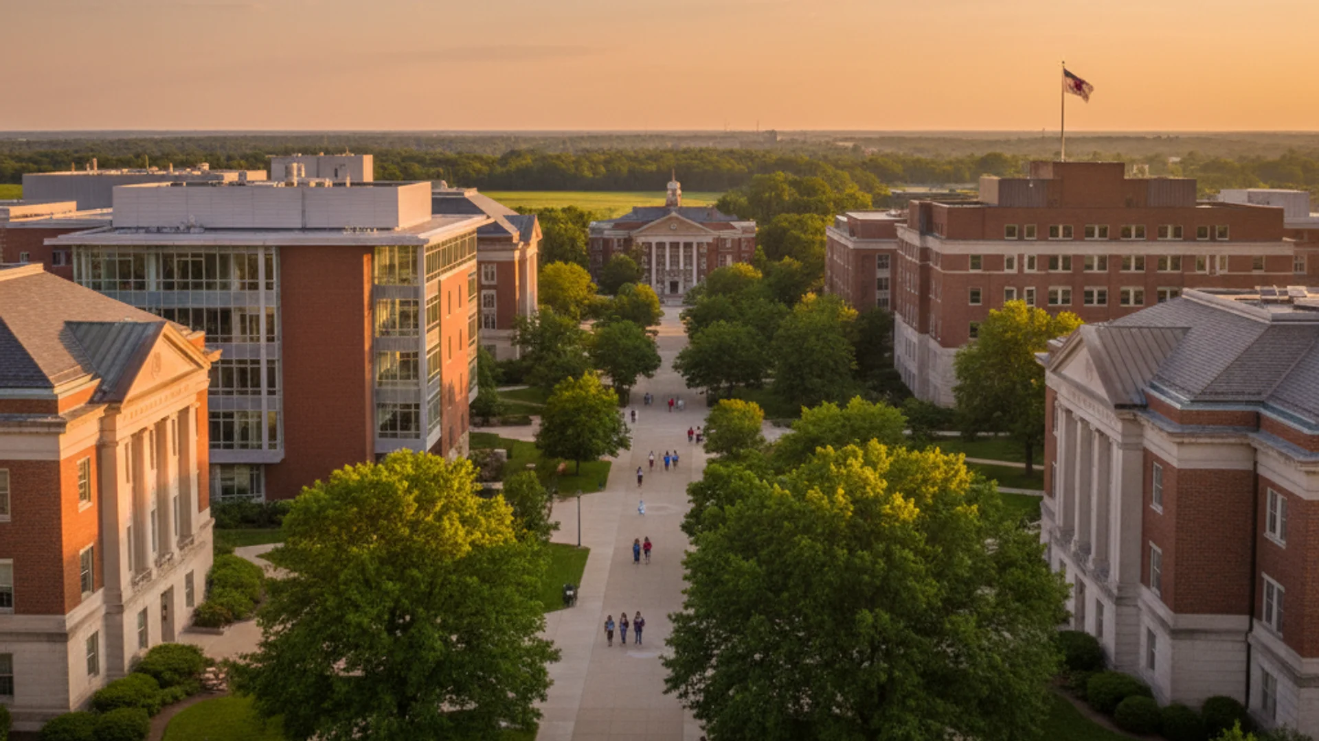 Illinois university campus with modern buildings and Chicago skyline in the distance