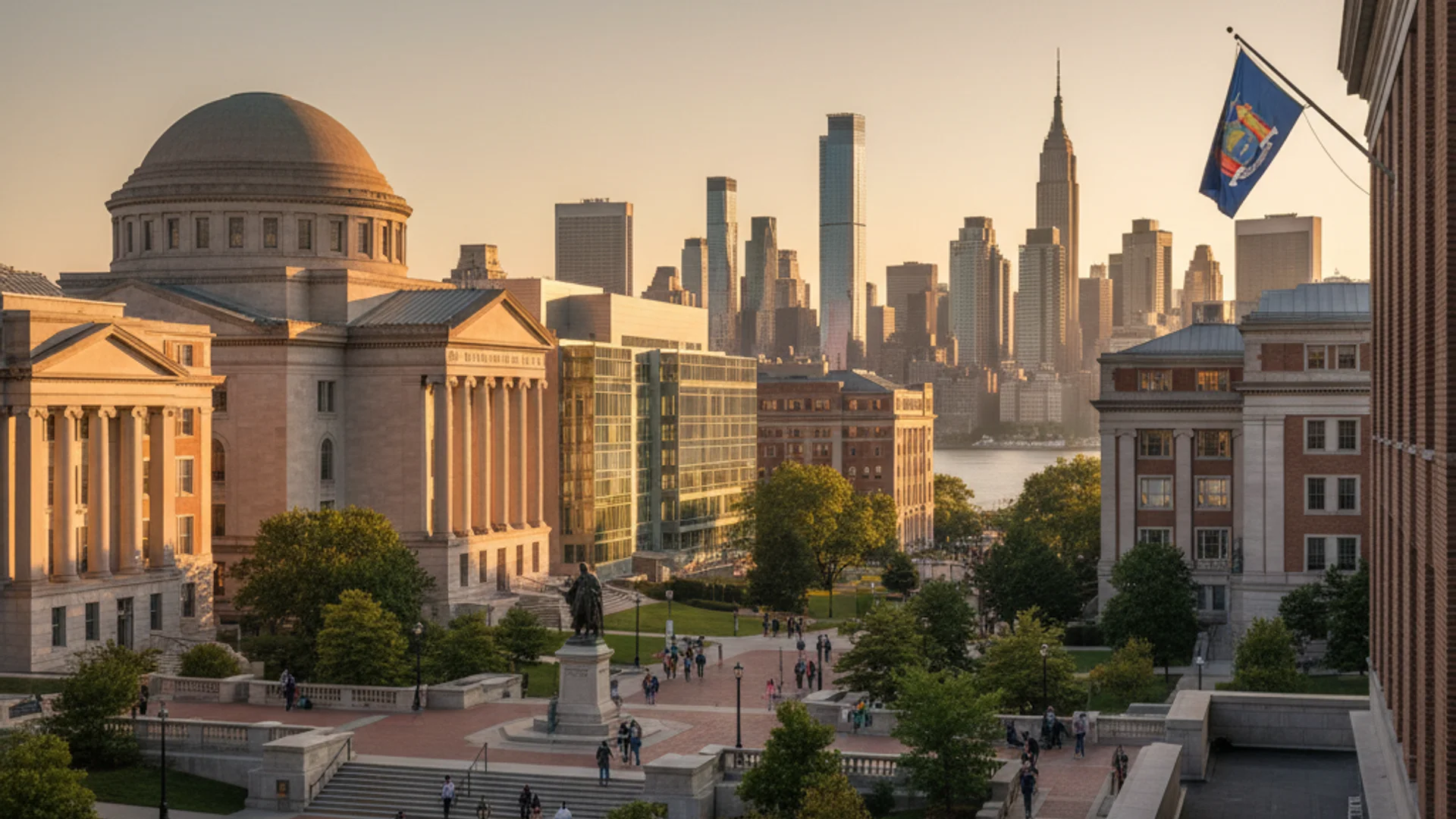 New York City skyline with modern university campus and technology elements
