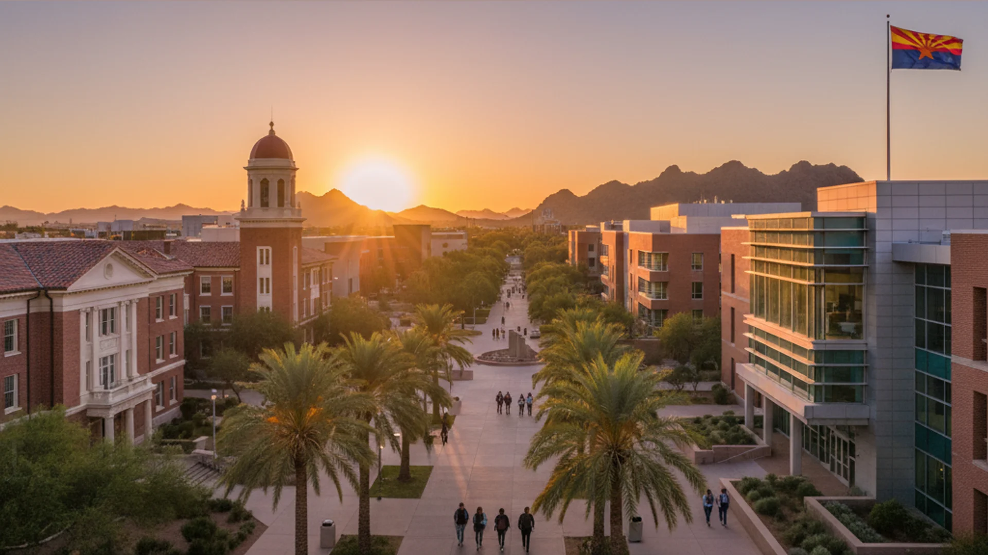 Arizona desert university campus with modern technology buildings and saguaro cactus