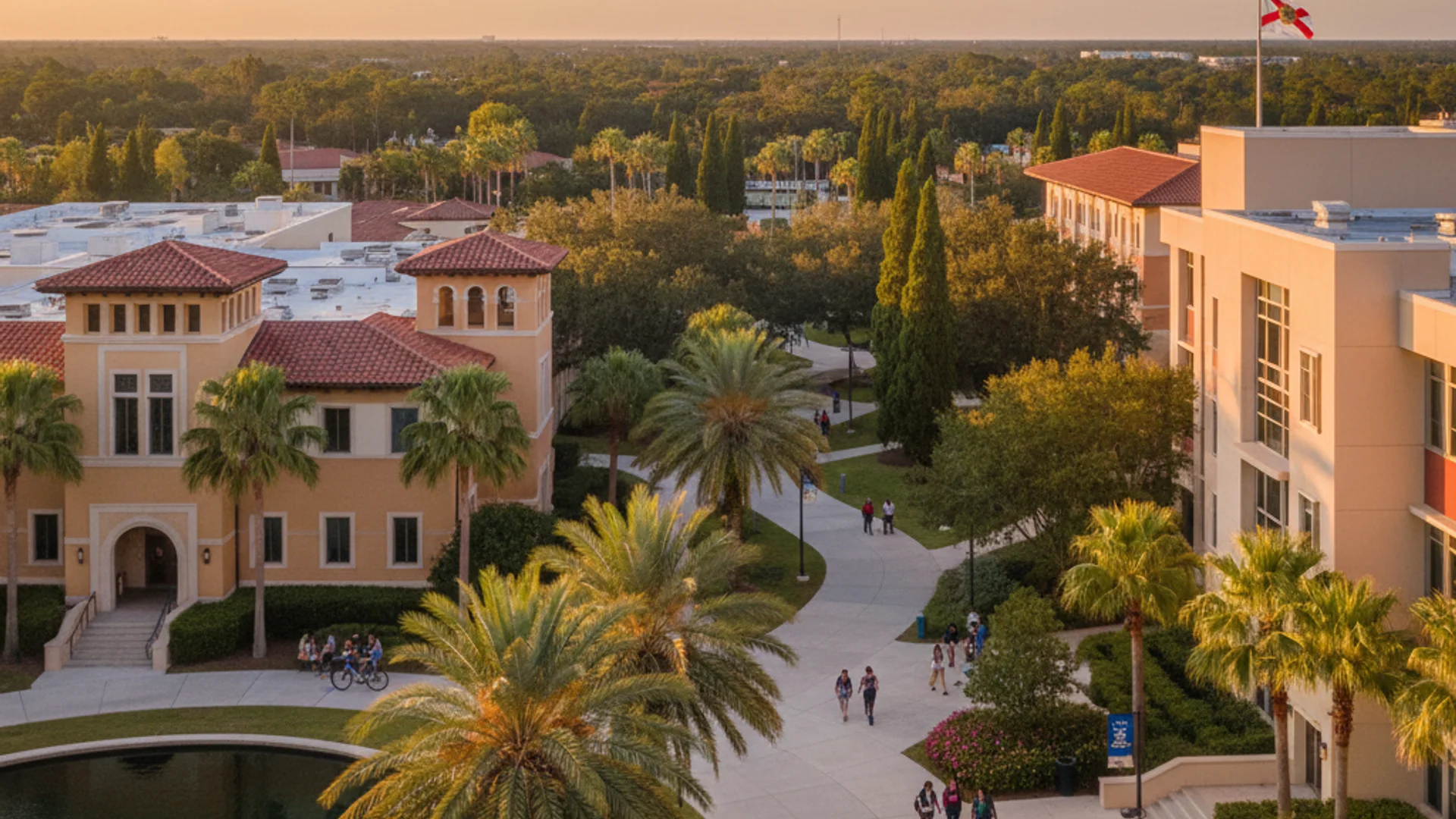 Florida university campus with tropical landscaping and modern technology buildings