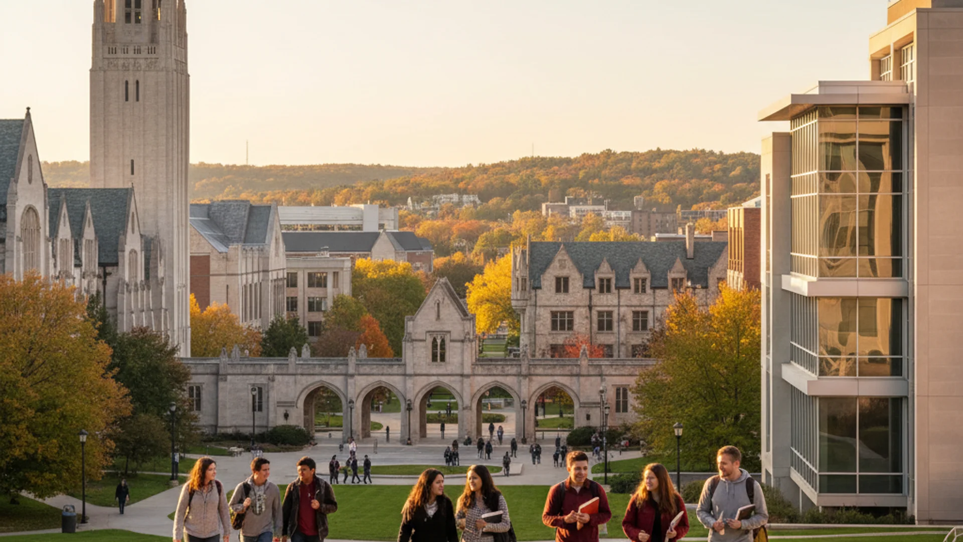 Michigan university campus with Great Lakes backdrop and modern technology buildings