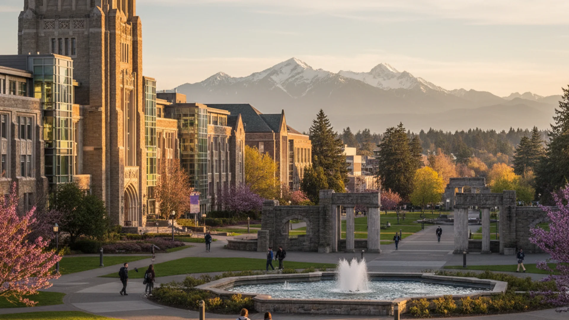 Washington university campus with Pacific Northwest evergreens and modern tech buildings