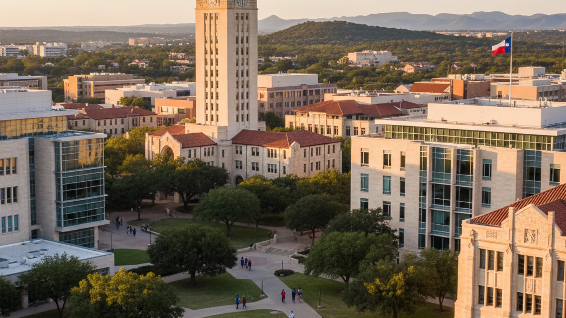 Texas university campus with Spanish colonial architecture and modern network infrastructure