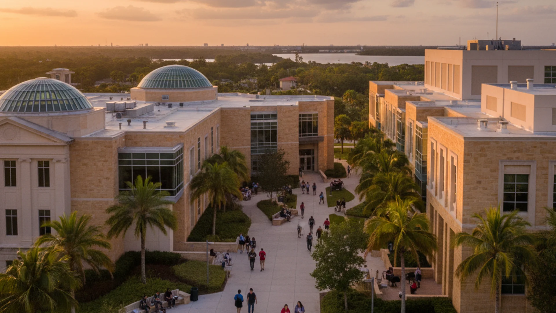 Florida university campus with palm trees and modern tech buildings