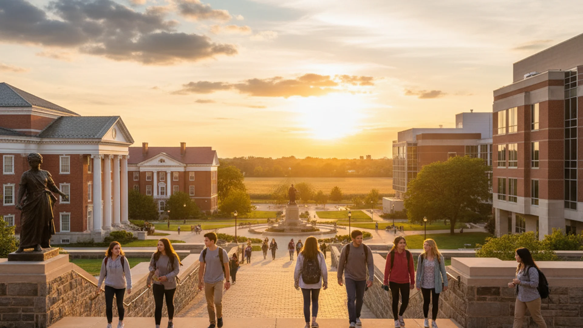 Illinois university campus with modern academic buildings and Chicago skyline in the distance