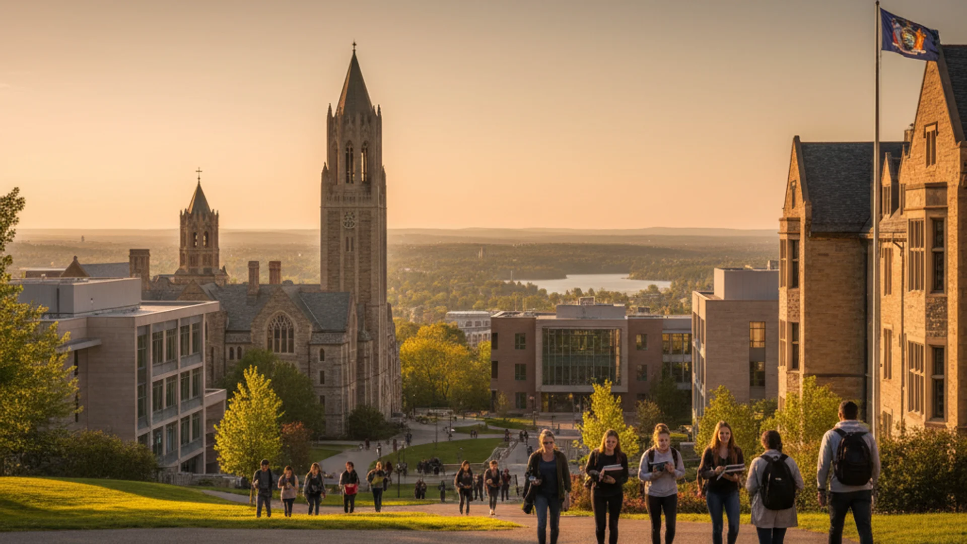 New York City skyline with university campus buildings and students studying