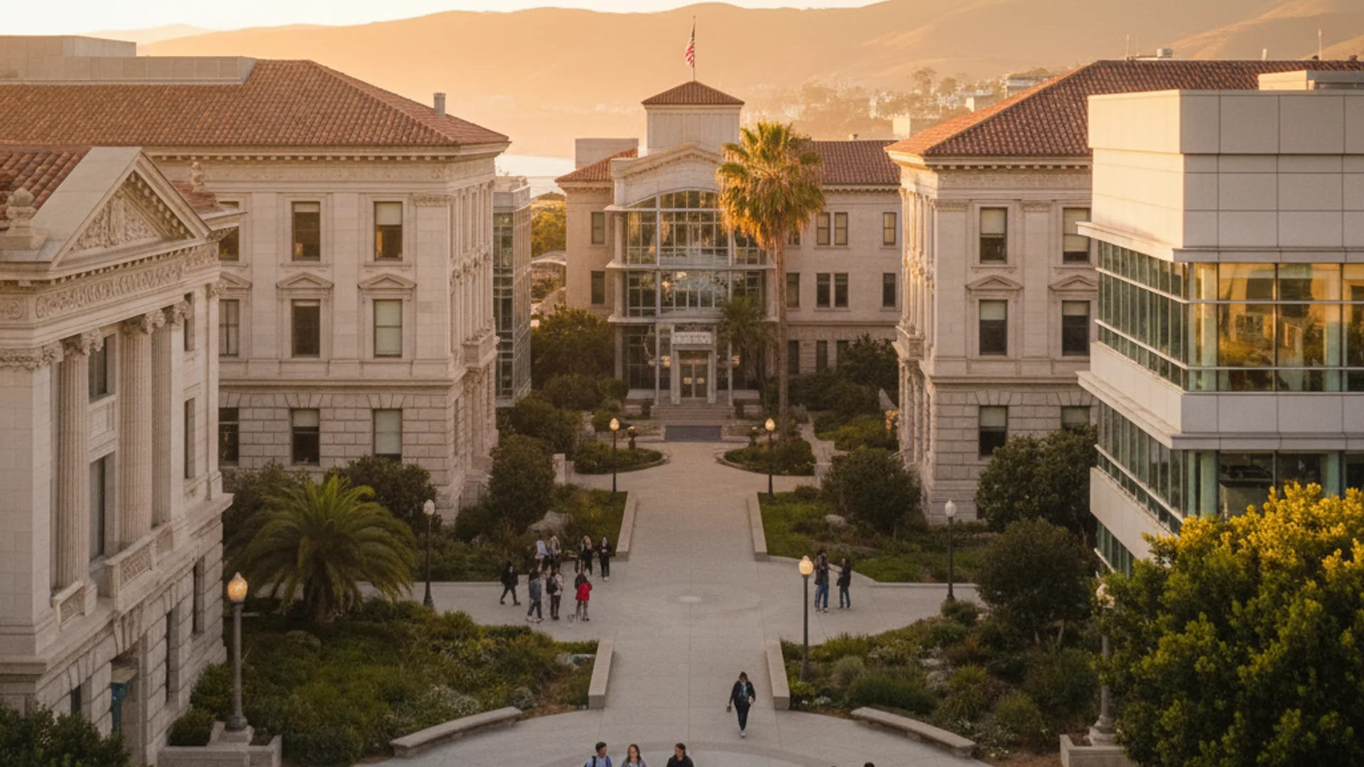 California university campus with palm trees, modern glass buildings, and students working on laptops
