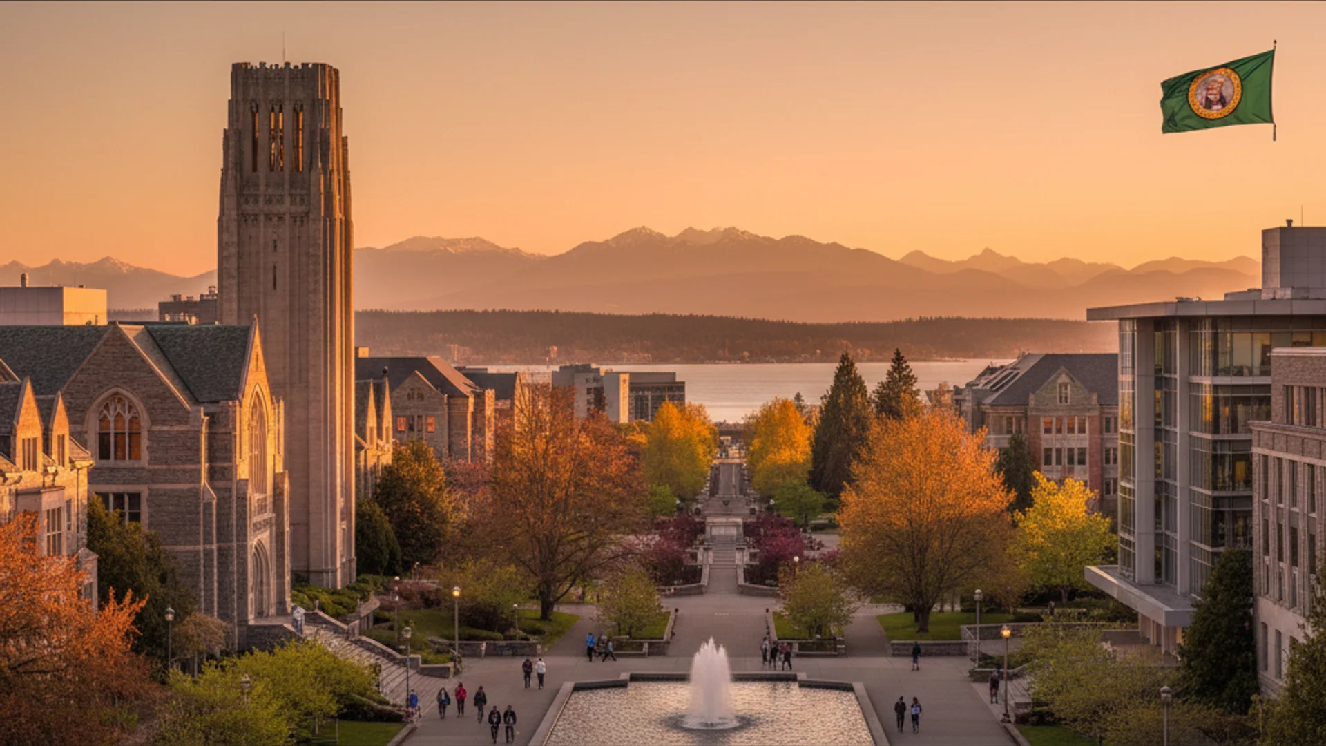 Washington university campus with evergreen trees and modern tech buildings in the Pacific Northwest setting