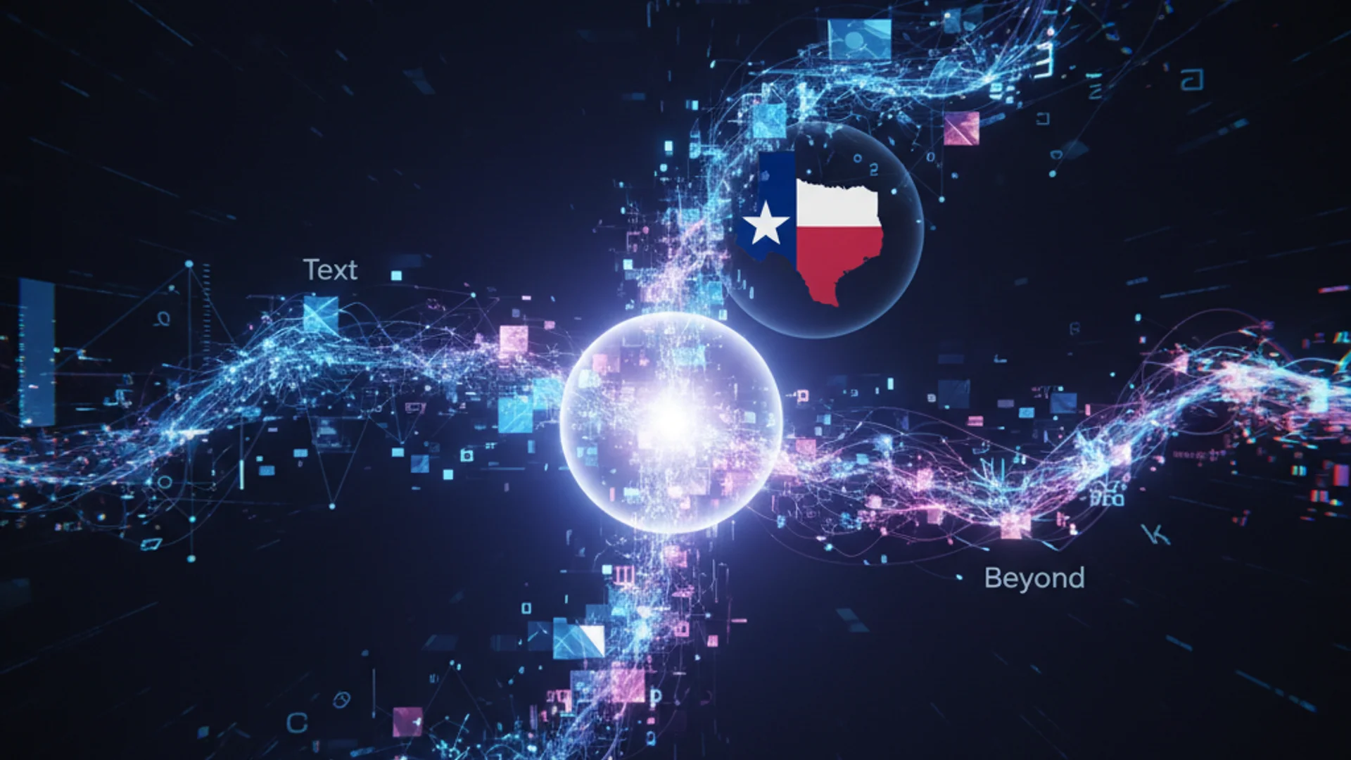 Abstract visualization of multimodal AI processing text, images, audio and video with interconnected neural networks